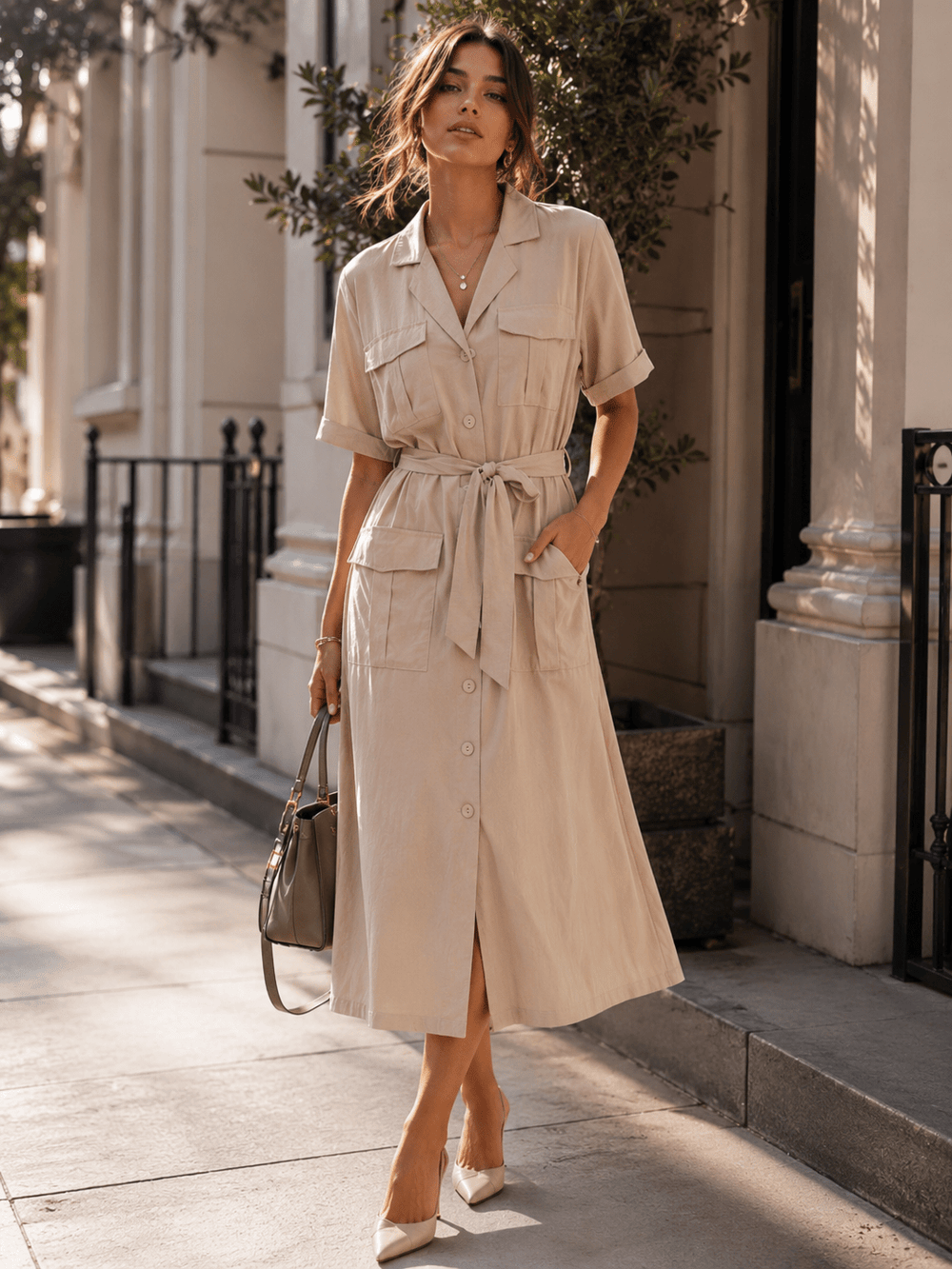 WOMEN'S SHORT SLEEVE BUTTON UP SELF TIE POCKETS MIDI DRESS