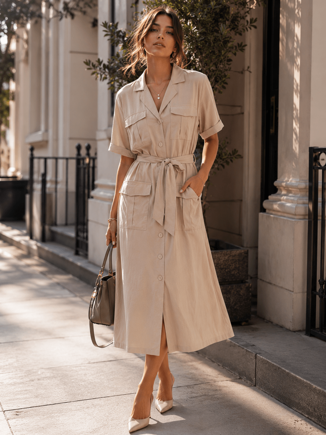 WOMEN'S SHORT SLEEVE BUTTON UP SELF TIE POCKETS MIDI DRESS