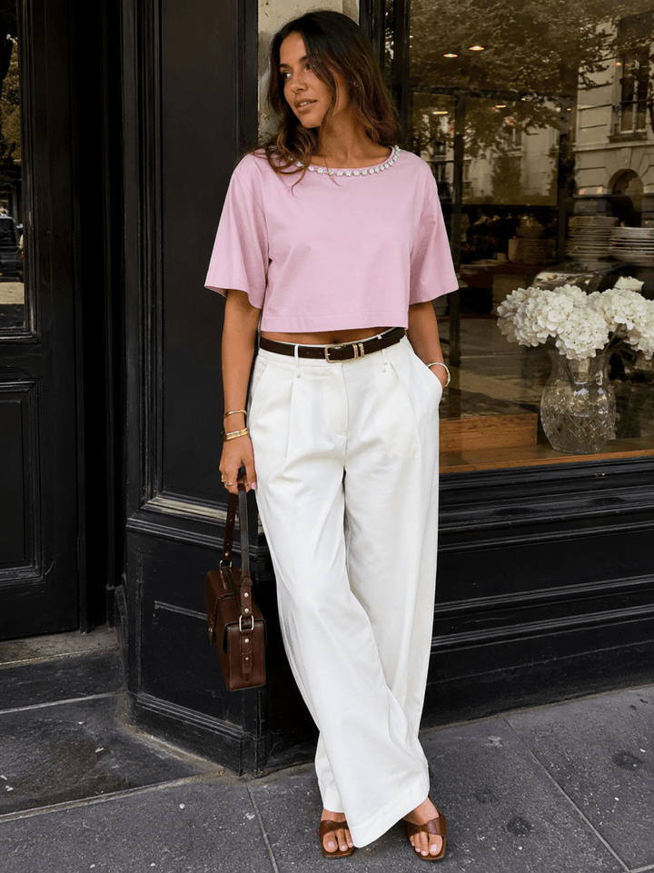 WOMEN'S SHORT SLEEVE STUDS NECK TRIM BACK BUTTON UP LINEN BLOUSE