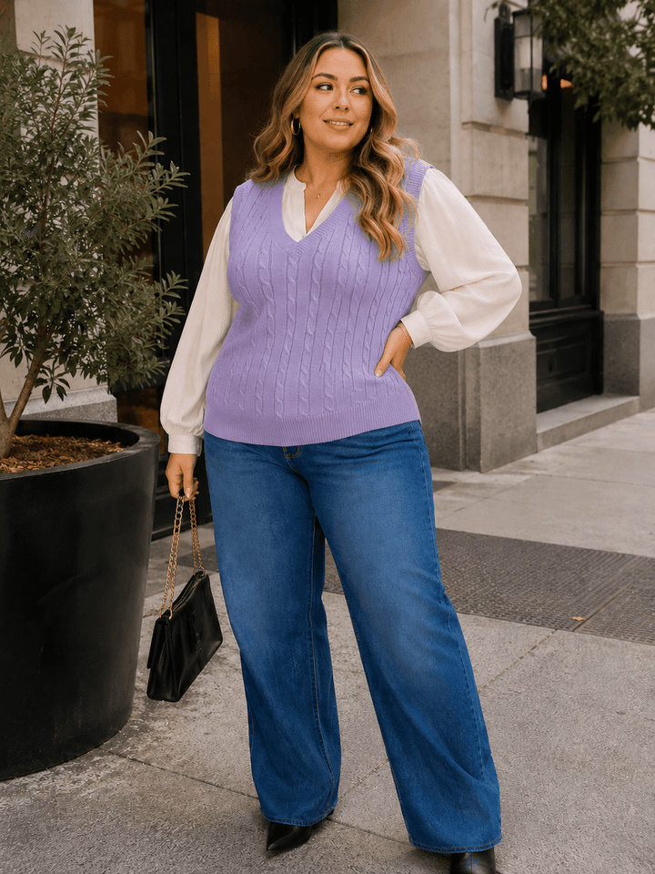 PLUS SIZE SLEEVELESS V-NECK CABLE KNIT SWEATER VEST