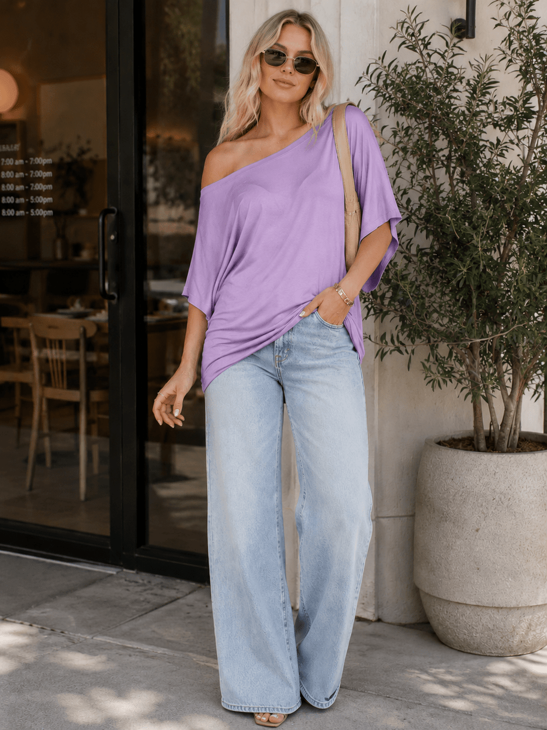 WOMEN'S SHORT SLEEVE OFF SHOULDER LOOSE FIT TUNIC TOP