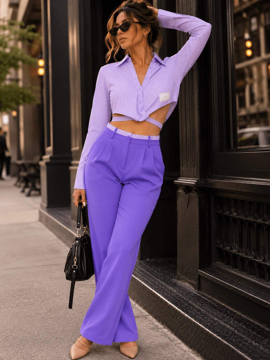 WOMEN'S LONG SLEEVE CROP TOP & BUTTON CLOSURE PANTS COLORBLOCK 2PC. SET
