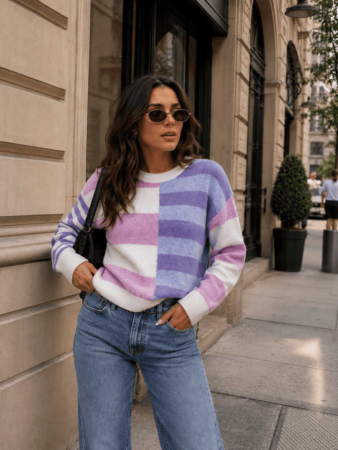 WOMEN'S LONG SLEEVE COLORBLOCK STRIPES PULLOVER SWEATER