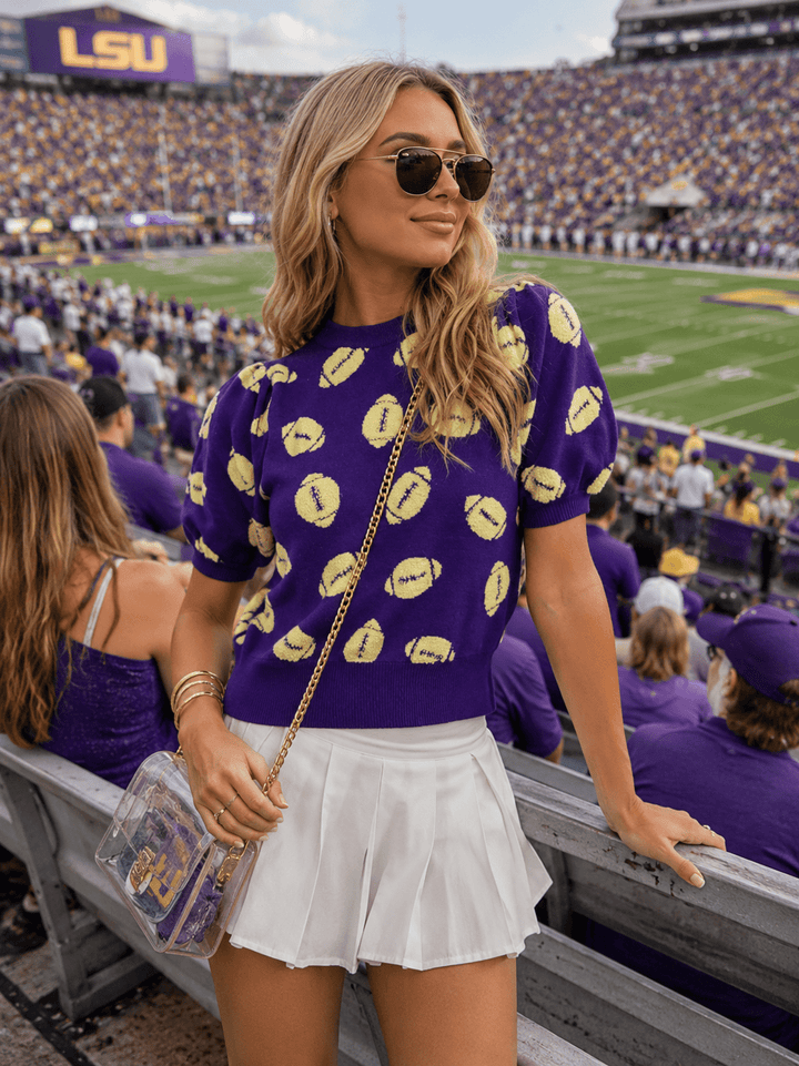 WOMEN'S SHORT SLEEVE COLORBLOCK GAME DAY GRAPHIC KNIT TOP