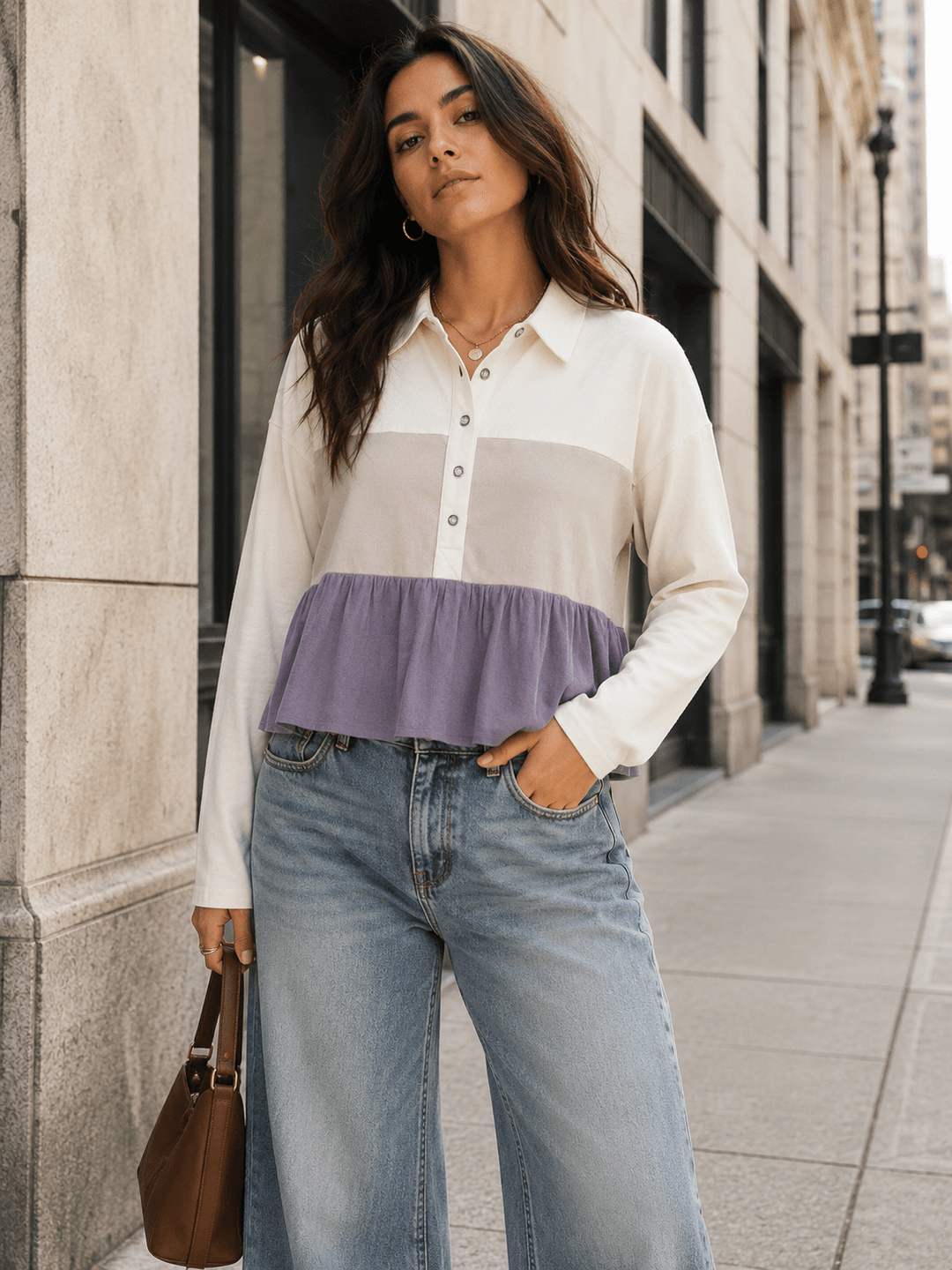 WOMEN'S LONG SLEEVE BUTTON UP TIERED COLORBLOCK BLOUSE