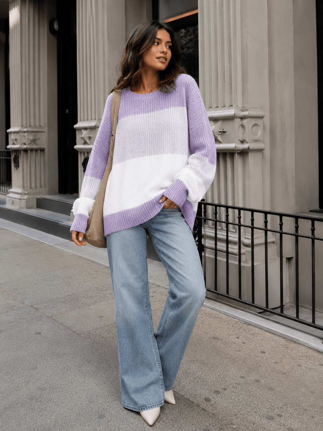 WOMEN'S LONG DETAILED SLEEVE COLORBLOCK KNIT PULLOVER SWEATER