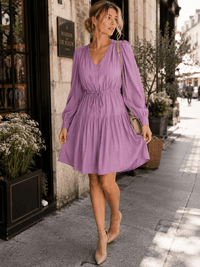 WOMEN'S LONG SLEEVE V-NECK FIT & FLARE TIERED MIDI DRESS