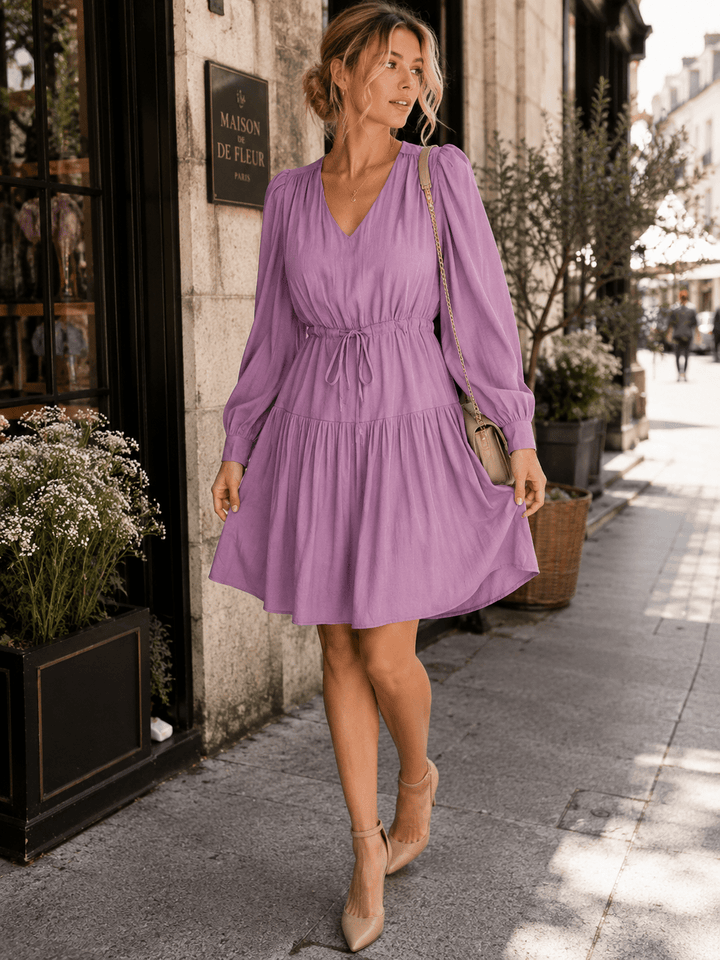 WOMEN'S LONG SLEEVE V-NECK FIT & FLARE TIERED MIDI DRESS