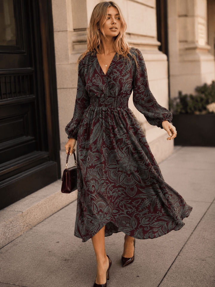 WOMEN'S LONG SLEEVE SURPLICE ELASTIC WAIST FLORAL PRINT MAXI DRESS