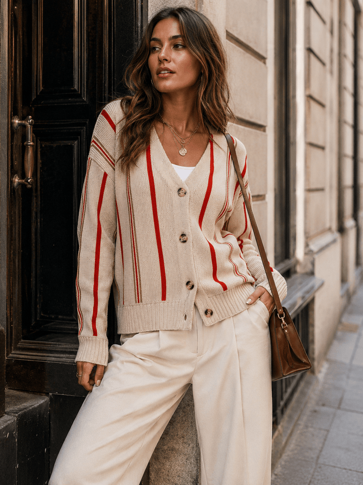 WOMEN'S LONG SLEEVE BUTTON CLOSURE COLORBLOCK STRIPES SWEATER