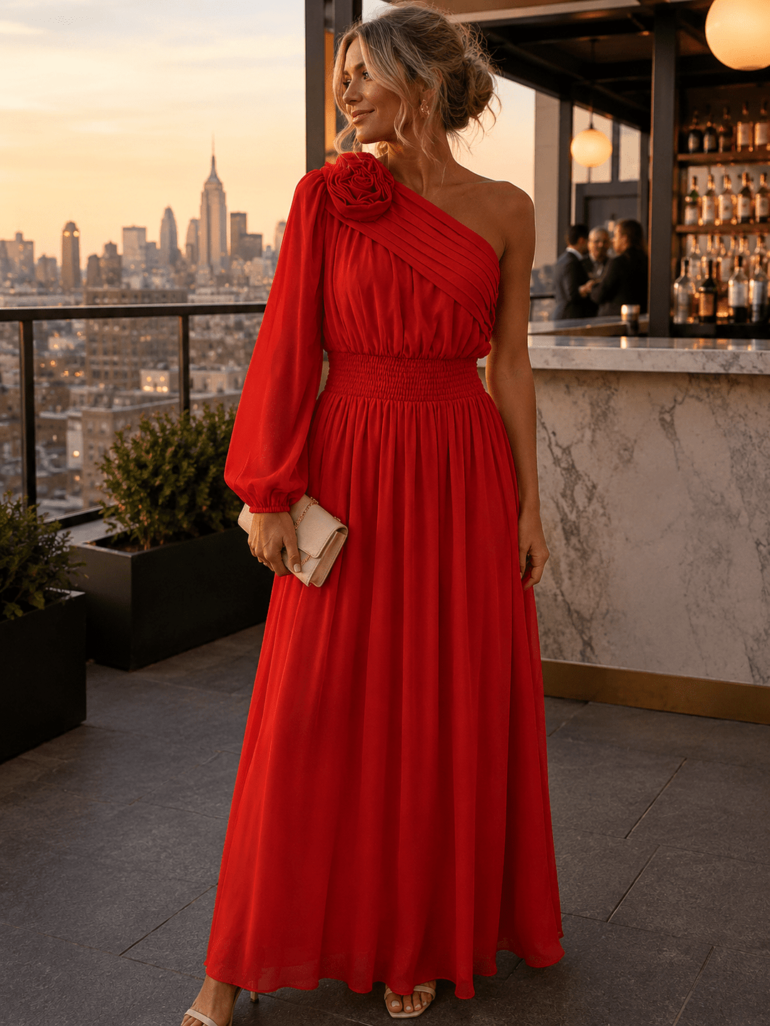 JUST ME WOMEN'S ONE SHOULDER ELASTIC WAIST FLOWER MAXI DRESS