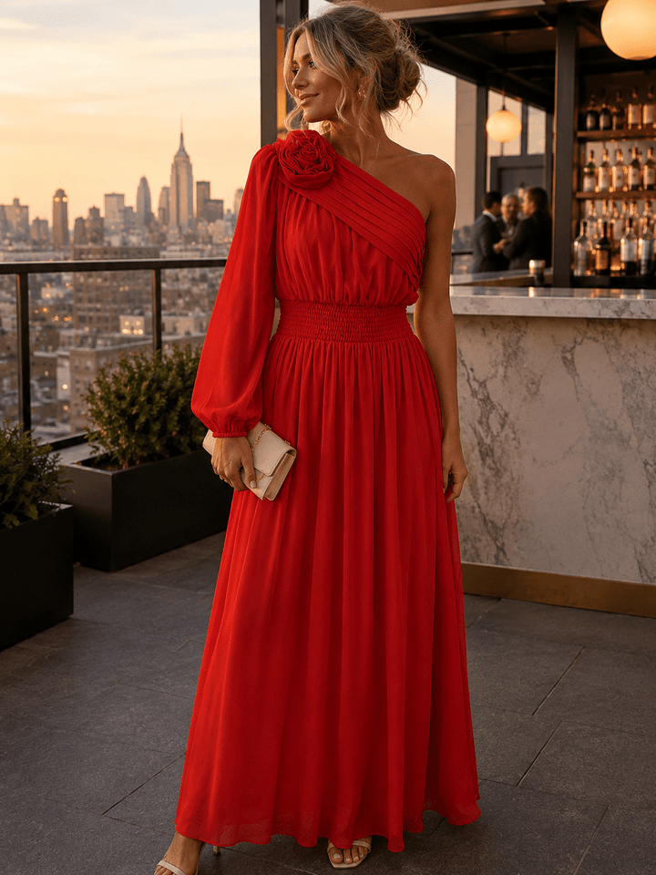 JUST ME WOMEN'S ONE SHOULDER ELASTIC WAIST FLOWER MAXI DRESS