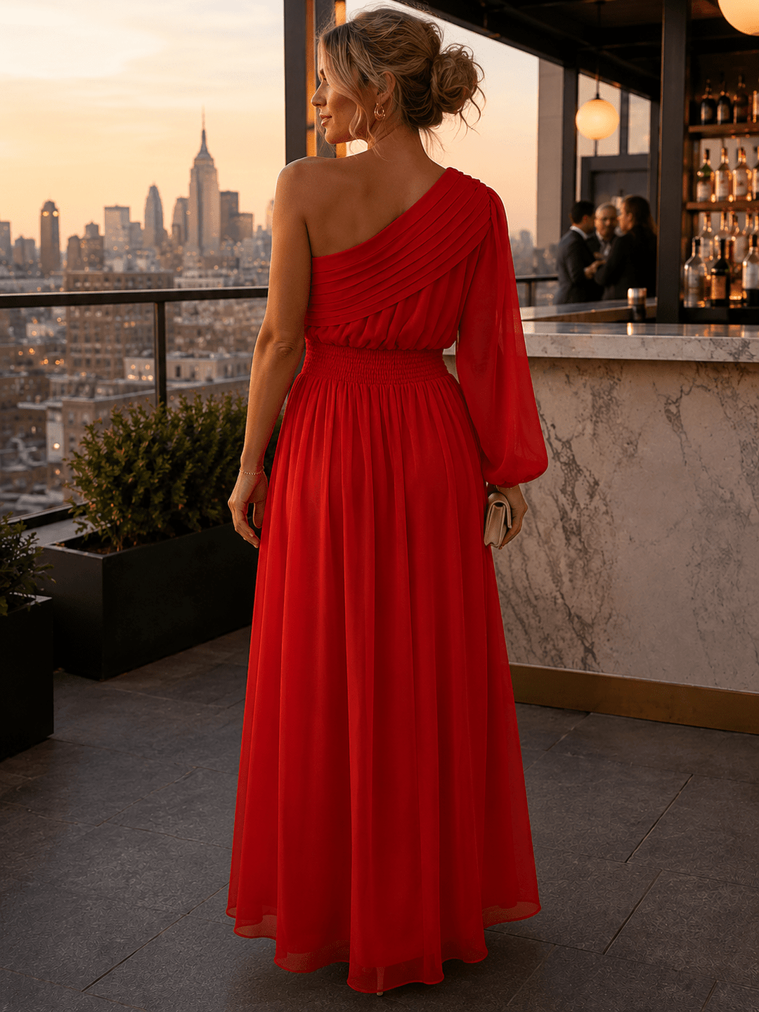 JUST ME WOMEN'S ONE SHOULDER ELASTIC WAIST FLOWER MAXI DRESS