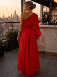JUST ME WOMEN'S ONE SHOULDER ELASTIC WAIST FLOWER MAXI DRESS