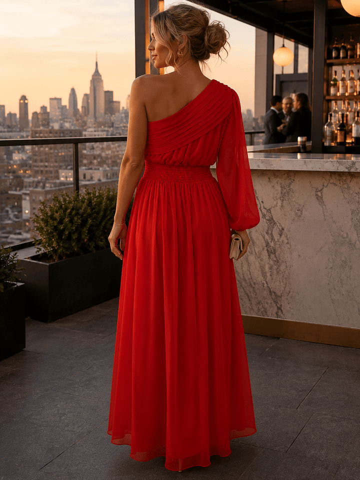 JUST ME WOMEN'S ONE SHOULDER ELASTIC WAIST FLOWER MAXI DRESS