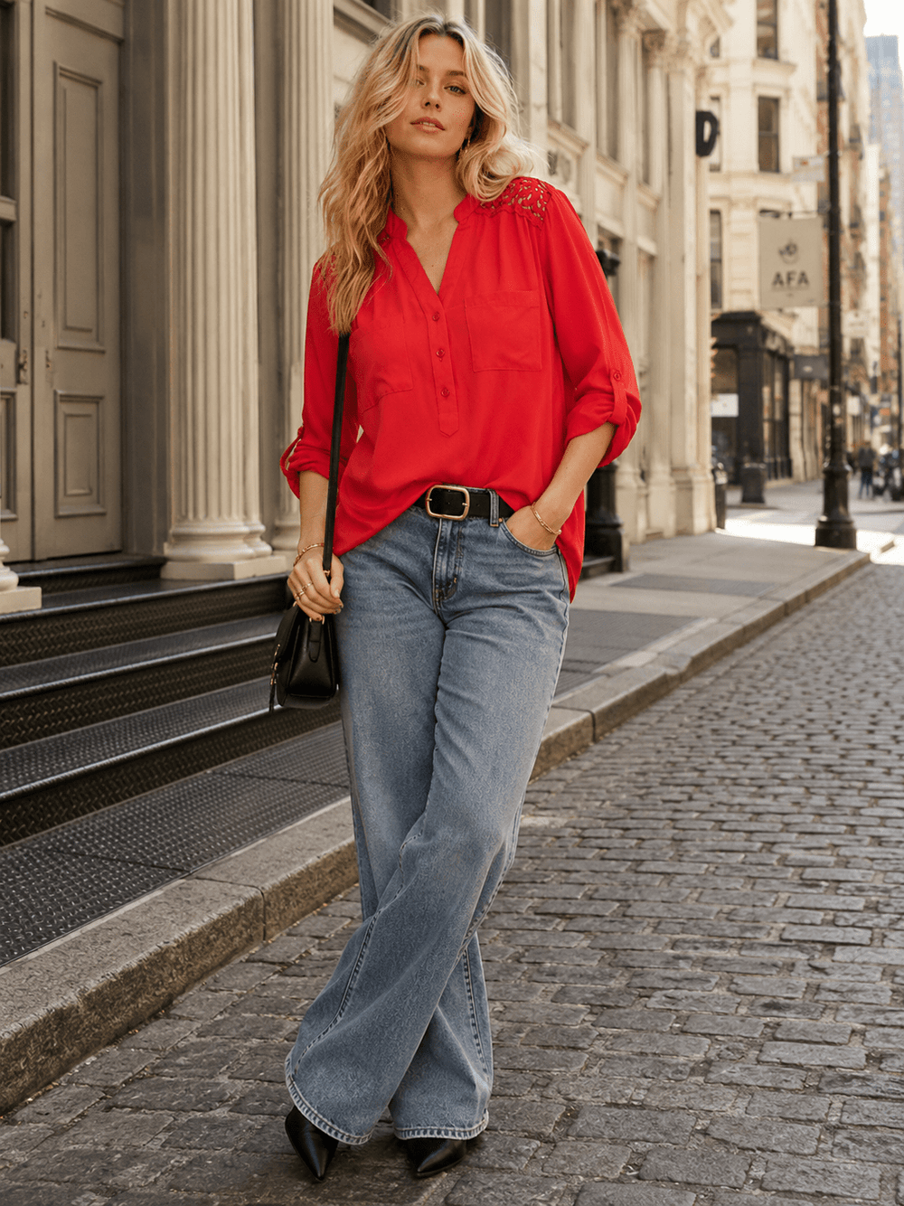 WOMEN'S LONG SLEEVE V-NECK BUTTON UP FRONT POCKETS HIGH-LOW TUNIC BLOUSE