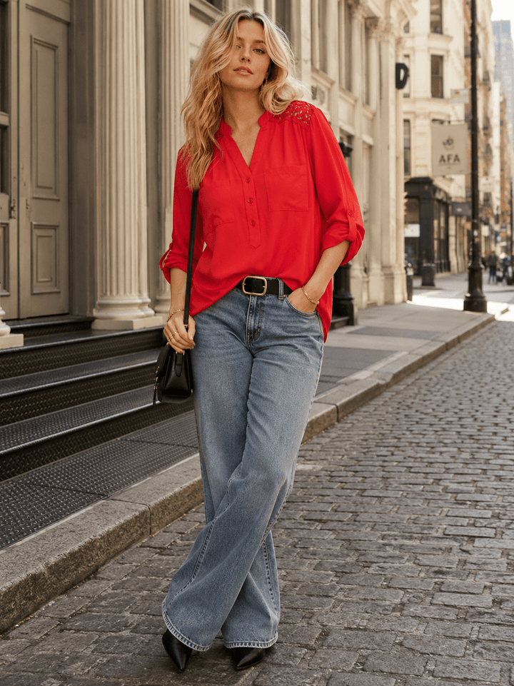 WOMEN'S LONG SLEEVE V-NECK BUTTON UP FRONT POCKETS HIGH-LOW TUNIC BLOUSE