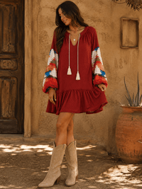 WOMEN'S LONG PRINT SLEEVE V-NECK LOOSE FIT MINI DRESS