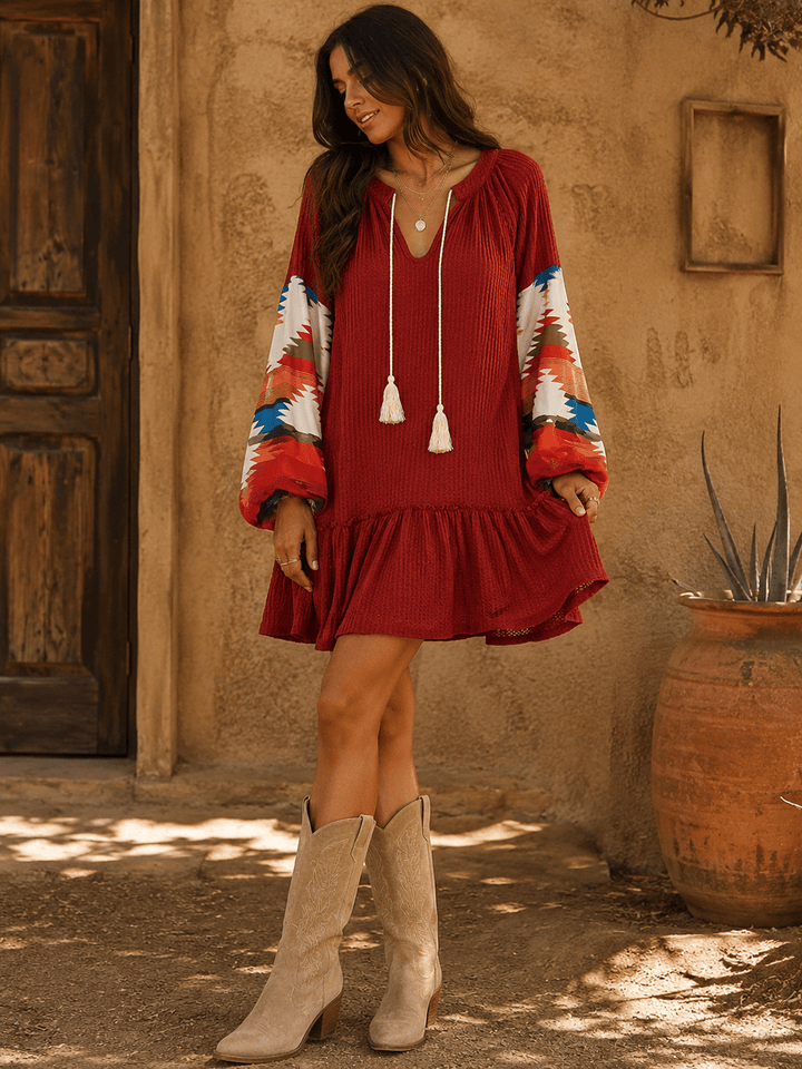 WOMEN'S LONG PRINT SLEEVE V-NECK LOOSE FIT MINI DRESS
