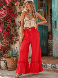 WOMEN'S ELASTIC WAIST FRONT POCKETS RUFFLE BOTTOM HEM PALAZZO PANTS