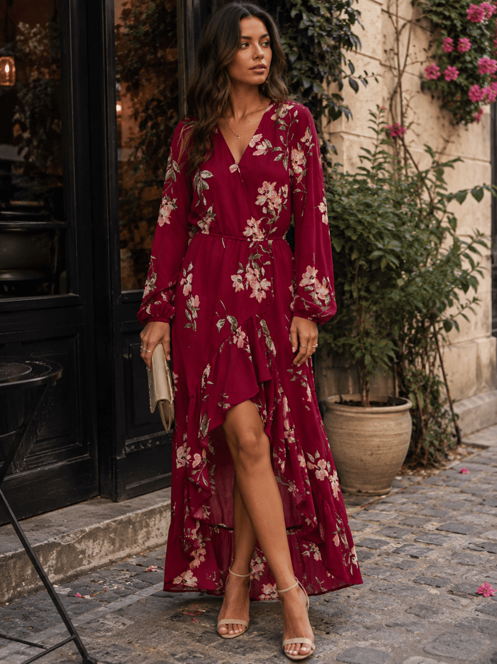 WOMEN'S LONG SLEEVE SURPLICE ELASTIC WAIST HIGH-LOW FLORAL MAXI DRESS