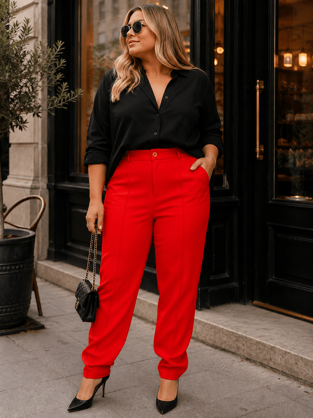 PLUS SIZE BUTTON CLOSURE POCKETS STRAIGHT LEG SOLID PANTS