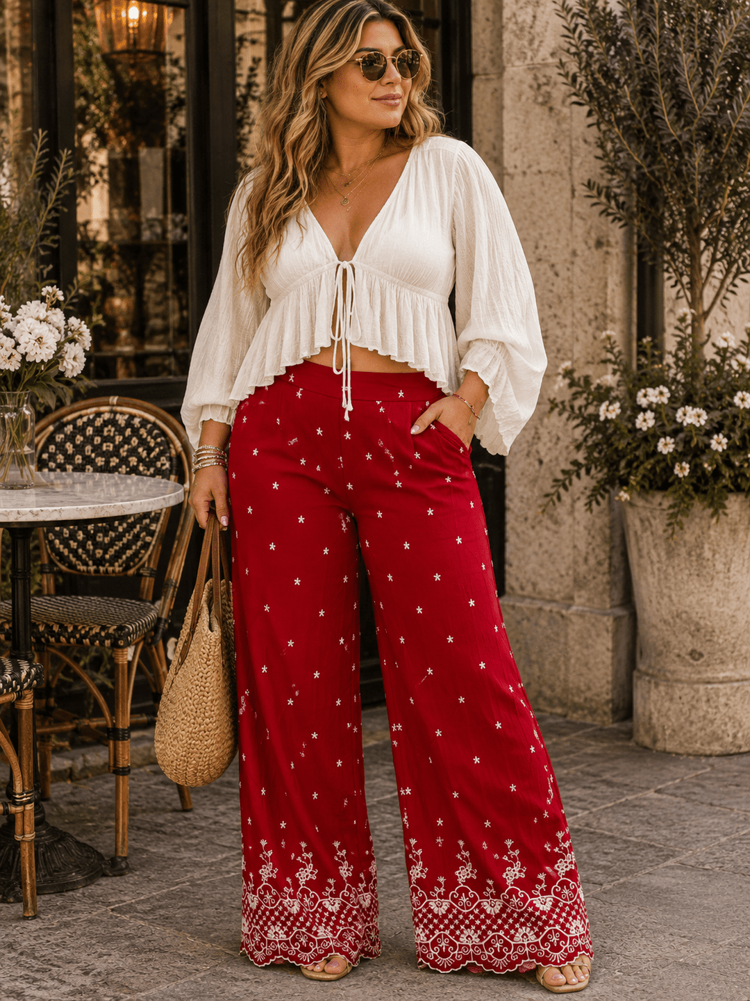 PLUS SIZE ELASTIC WAIST FRONT POCKETS EMBROIDERY WIDE LEG PANTS