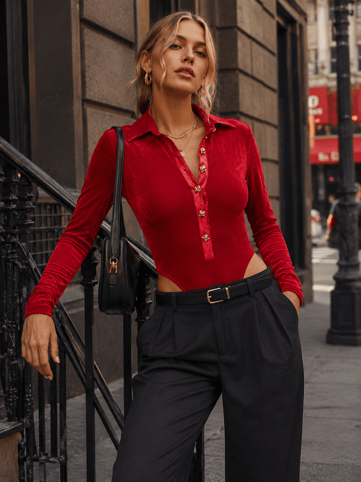 WOMEN'S LONG SLEEVE BUTTON UP VELVET MESH BODYSUIT