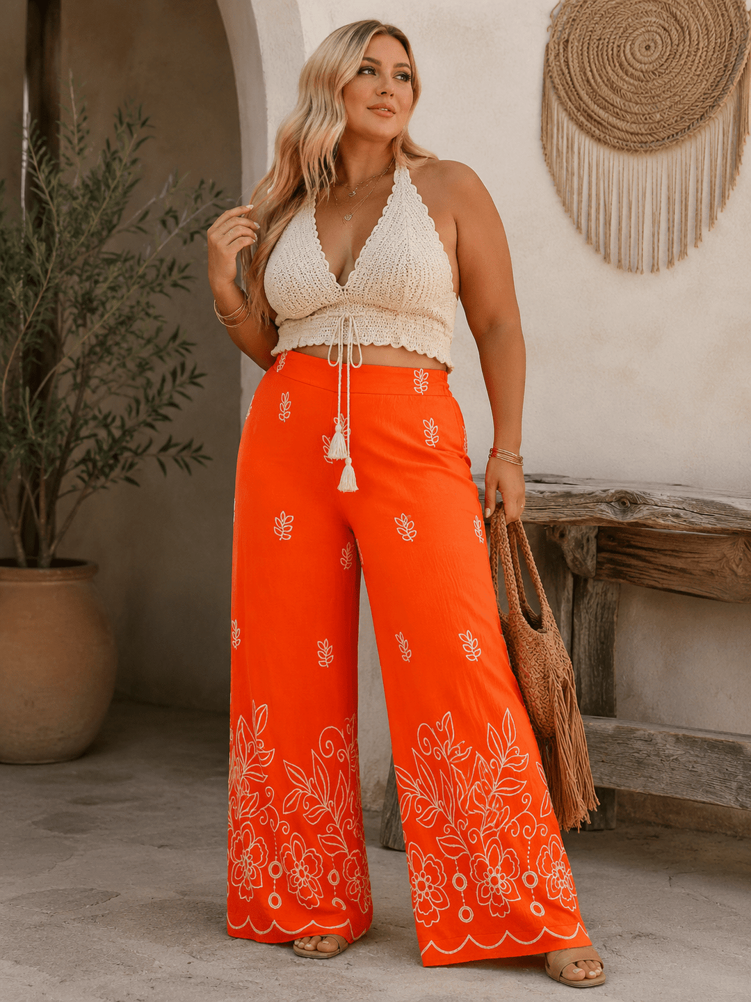 PLUS SIZE ELASTIC WAIST FRONT POCKETS FLORAL EMBROIDERY WIDE LEG PANTS