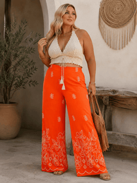 PLUS SIZE ELASTIC WAIST FRONT POCKETS FLORAL EMBROIDERY WIDE LEG PANTS