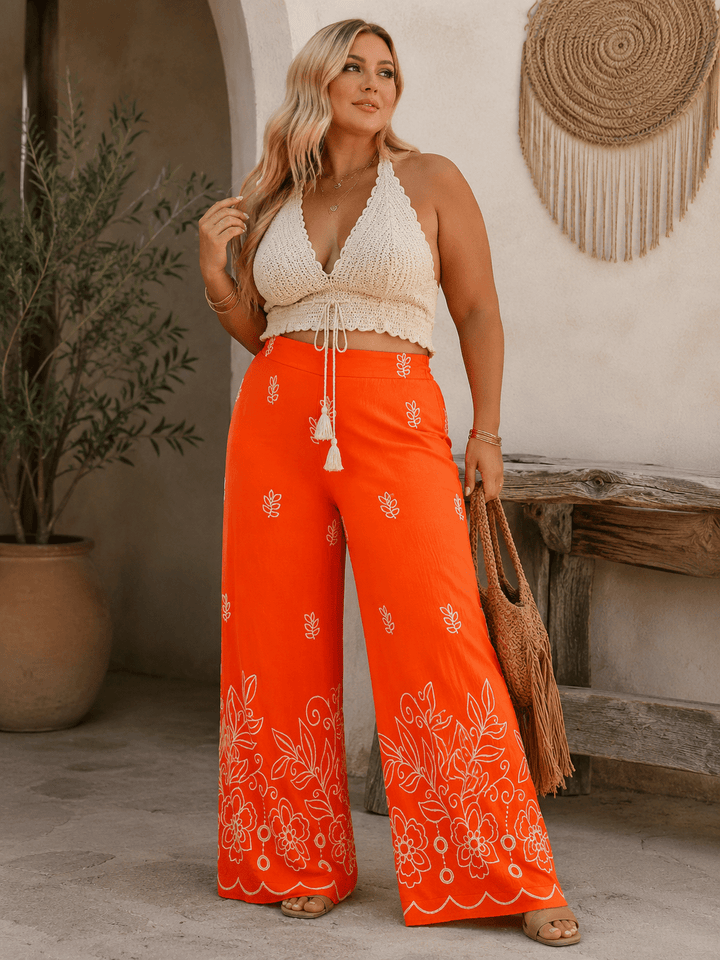 PLUS SIZE ELASTIC WAIST FRONT POCKETS FLORAL EMBROIDERY WIDE LEG PANTS