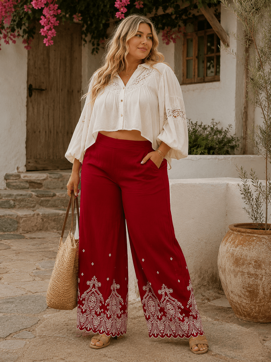 PLUS SIZE ELASTIC WAIST FRONT POCKETS FLORAL EMBROIDERY WIDE LEG PANTS