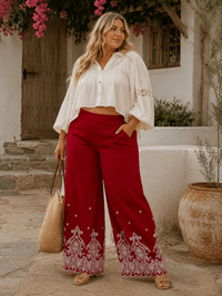 PLUS SIZE ELASTIC WAIST FRONT POCKETS FLORAL EMBROIDERY WIDE LEG PANTS