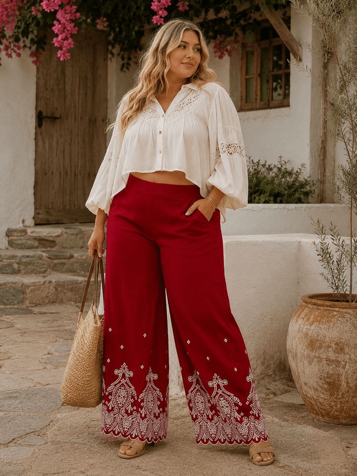 PLUS SIZE ELASTIC WAIST FRONT POCKETS FLORAL EMBROIDERY WIDE LEG PANTS