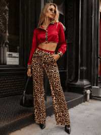 WOMEN'S LONG SLEEVES BUTTON UP TOP & ELASTIC WAIST POCKETS STRAIGHT LEG PANTS ANIMAL PRINT 2PC. SET