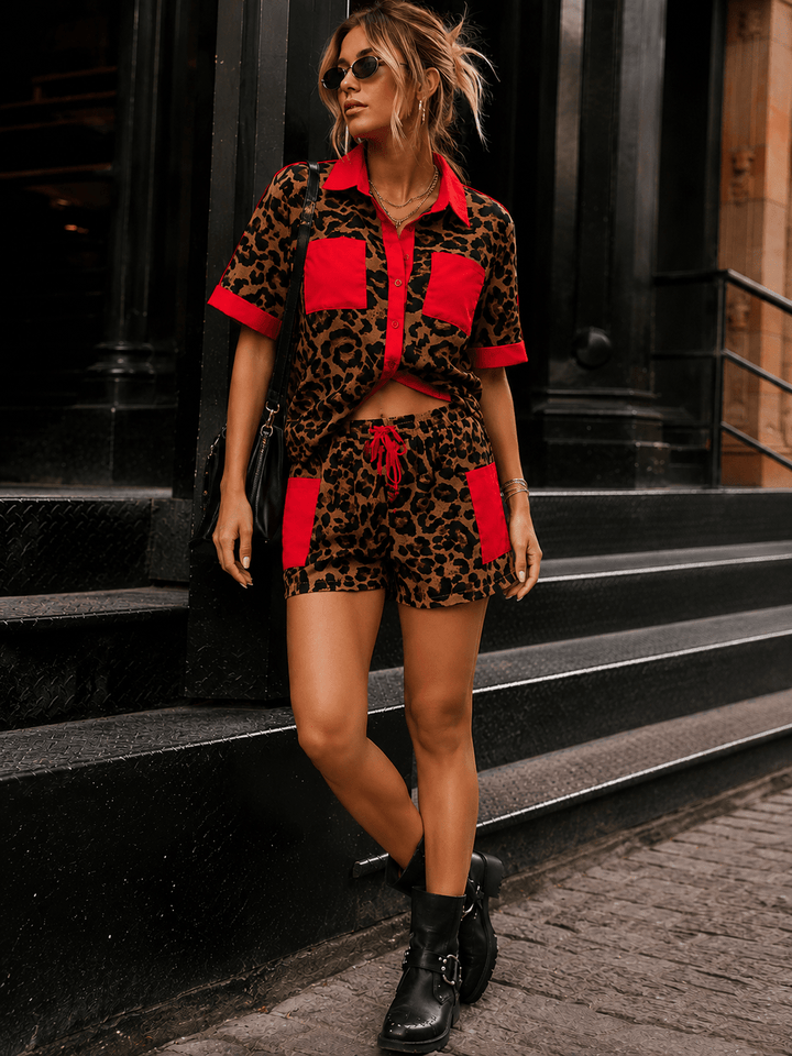 WOMEN'S SHORT SLEEVES BUTTON UP TOP & ELASTIC WAIST POCKETS SHORTS ANIMAL PRINT 2PC. SET