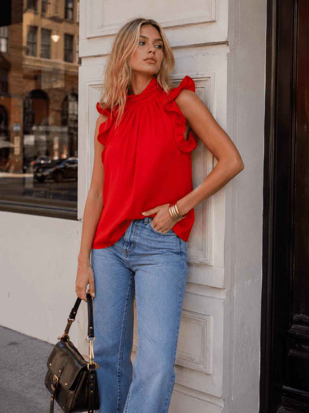 WOMEN'S RUFFLE SLEEVELESS MOCK NECK BLOUSE