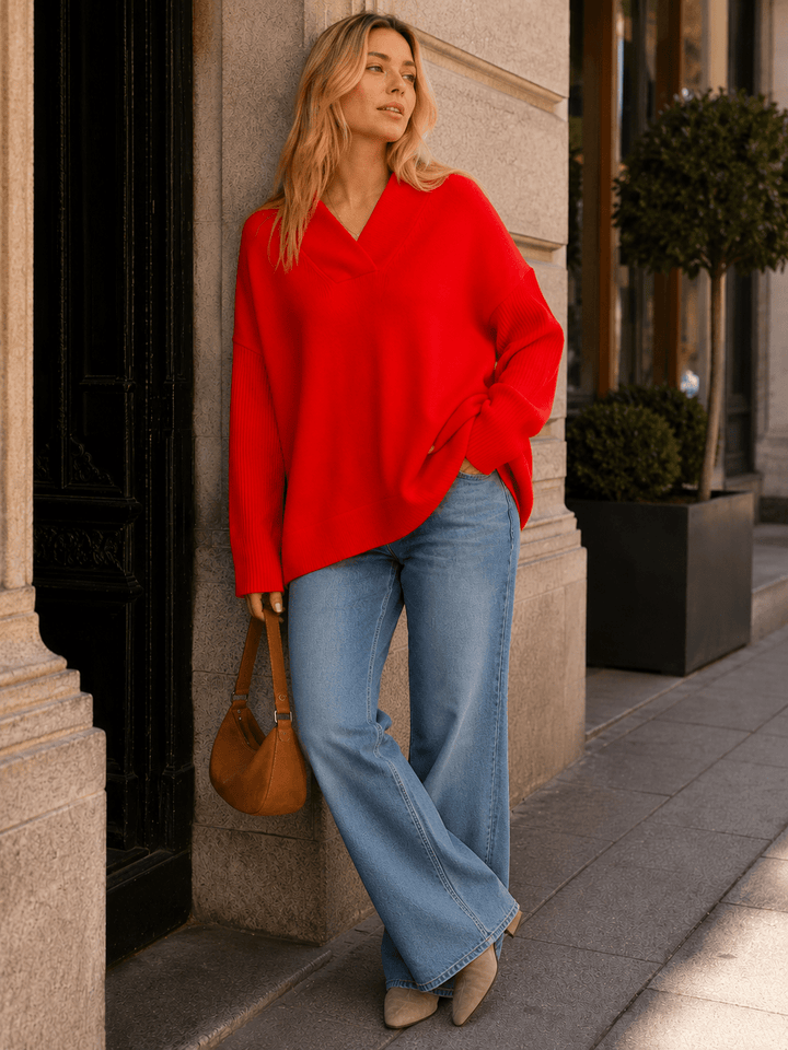 WOMEN'S LONG SLEEVE V-NECK PULLOVER KNIT SWEATER