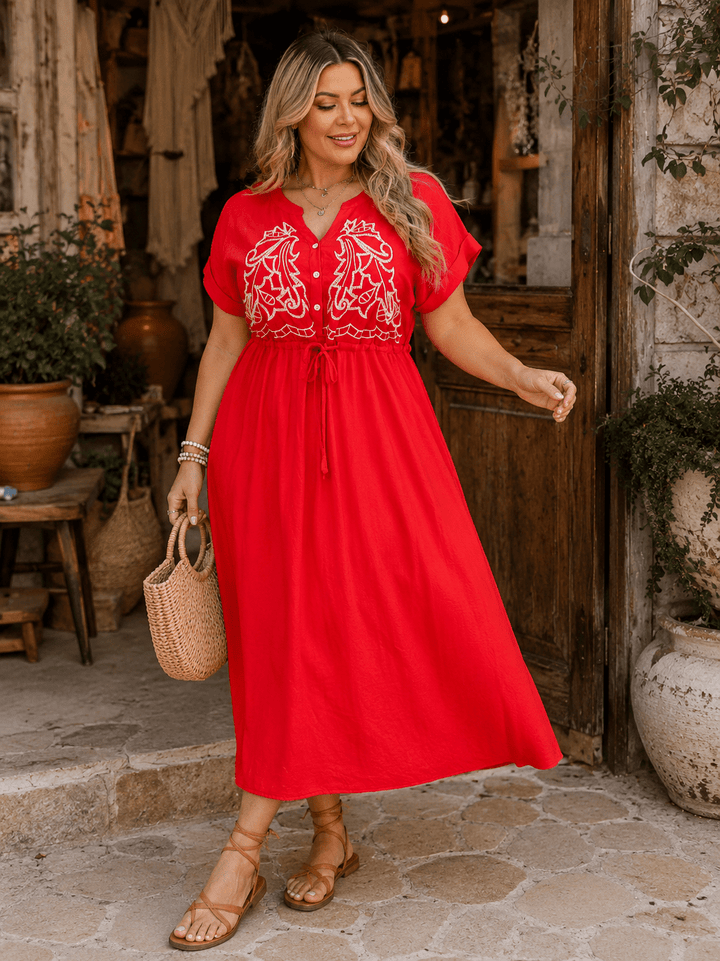 PLUS SIZE SHORT SLEEVE BUTTON UP SELF TIE ELASTIC WAIST EMBROIDERY MAXI DRESS