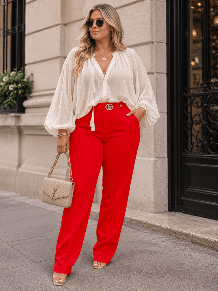 PLUS SIZE ELASTIC WAIST POCKETS STRAIGHT LEG SOLID PANTS