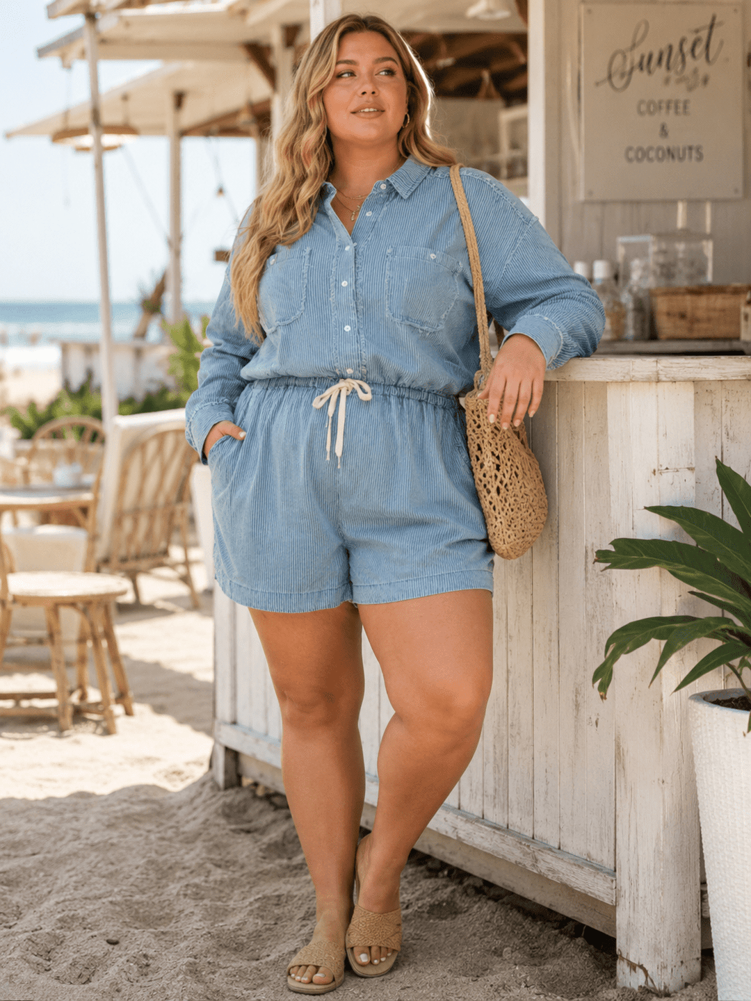 PLUS SIZE LONG SLEEVE BUTTON UP ADJUSTABLE WAIST FRONT POCKETS DENIM ROMPER