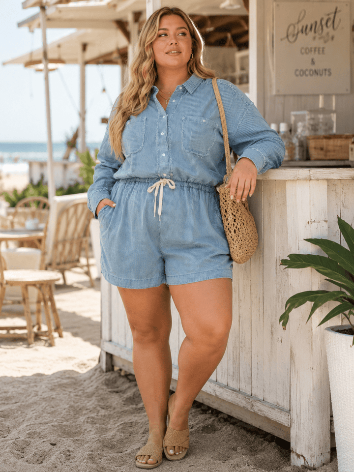 PLUS SIZE LONG SLEEVE BUTTON UP ADJUSTABLE WAIST FRONT POCKETS DENIM ROMPER
