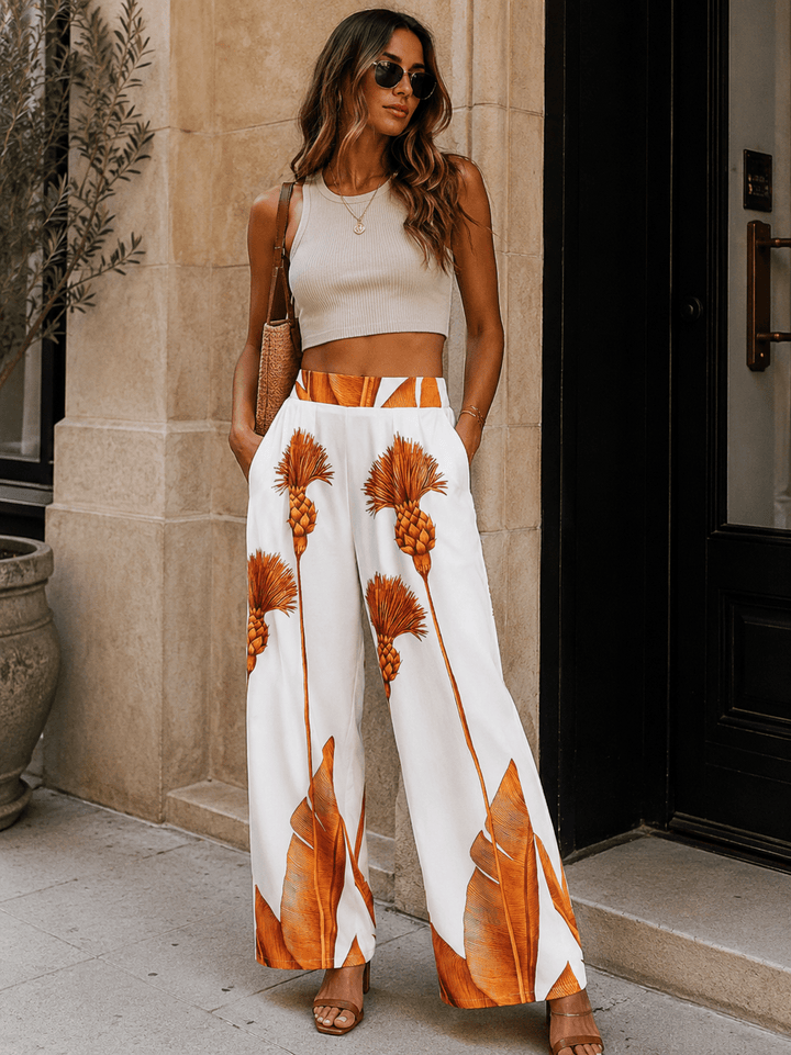 WOMEN'S ELASTIC WAIST FRONT POCKETS WIDE LEG MULTI PRINT PANTS