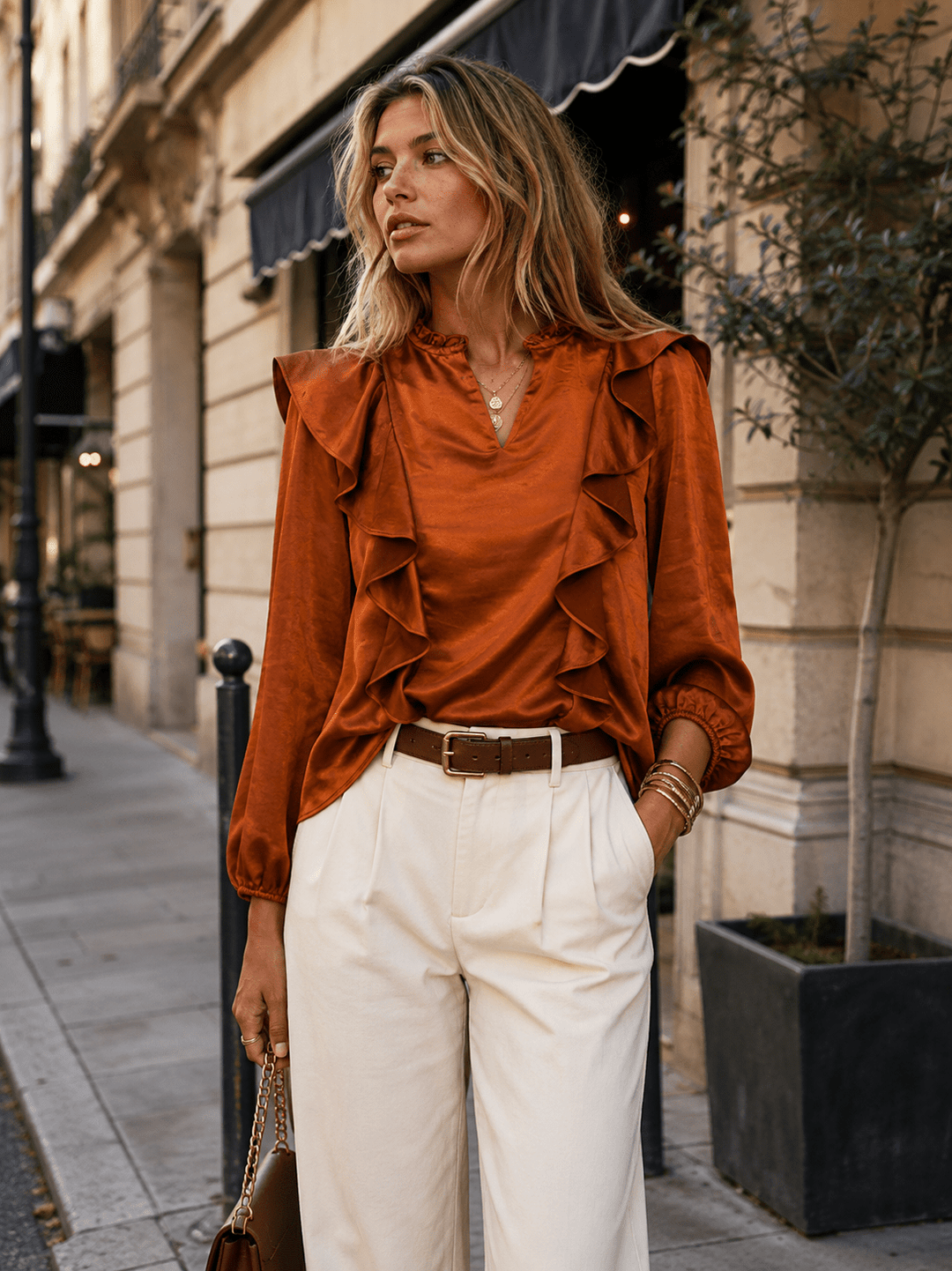 WOMEN'S LONG SLEEVE V-NECK RUFFLE BLOUSE