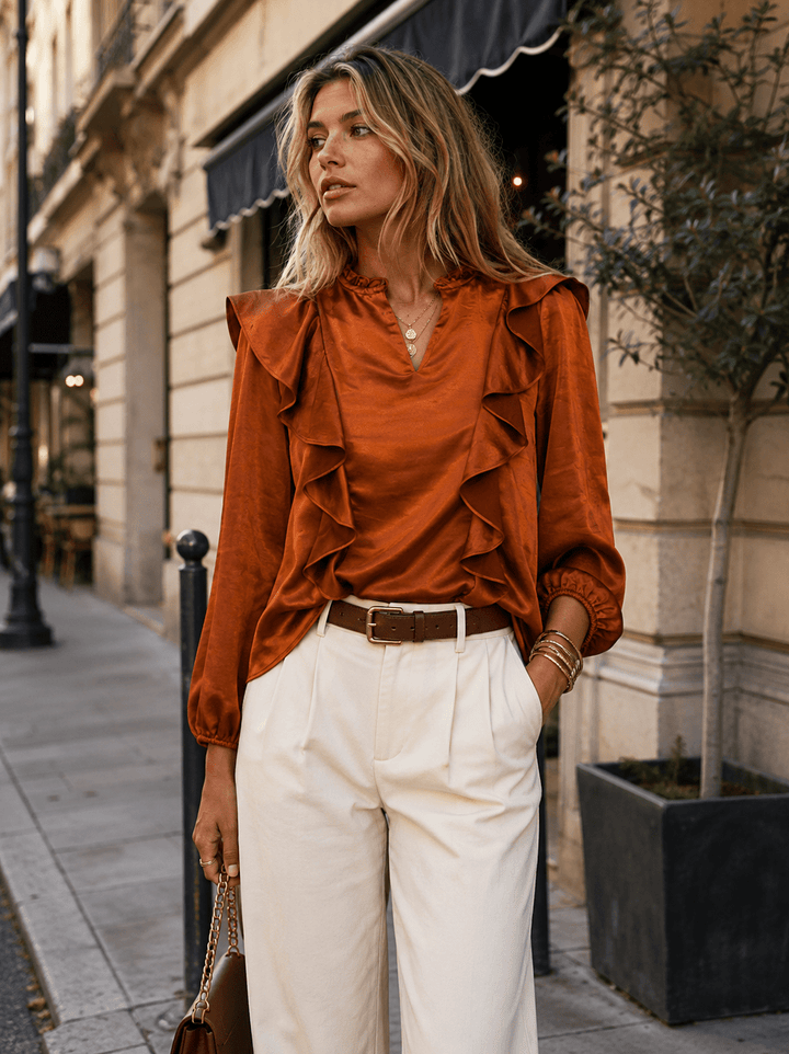 WOMEN'S LONG SLEEVE V-NECK RUFFLE BLOUSE