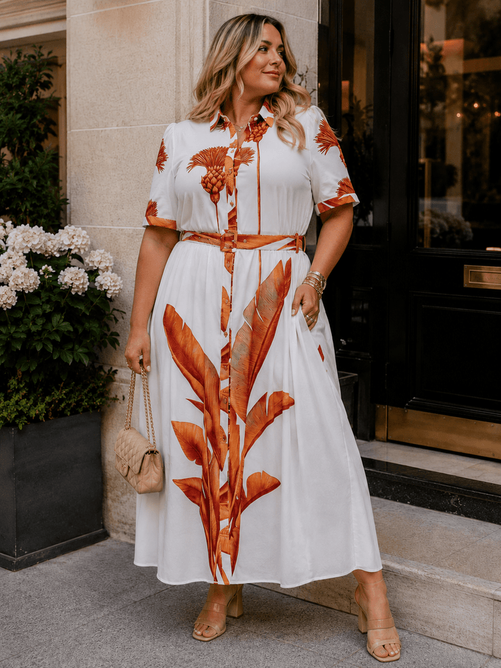 PLUS SIZE SHORT SLEEVE BUTTON UP BELTED MULTI PRINT MAXI DRESS