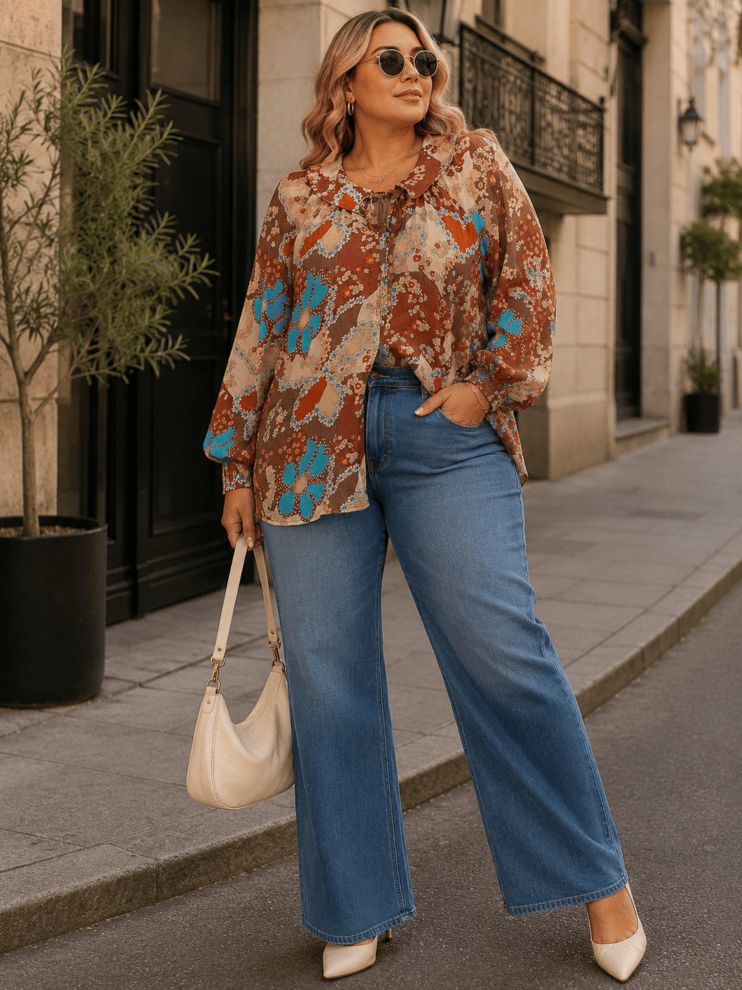 PLUS SIZE LONG SLEEVE BUTTON UP FLORAL PRINT TOP