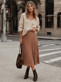 WOMEN'S ELASTIC WAIST PLEATED FIT & FLARE MIDI SKIRT