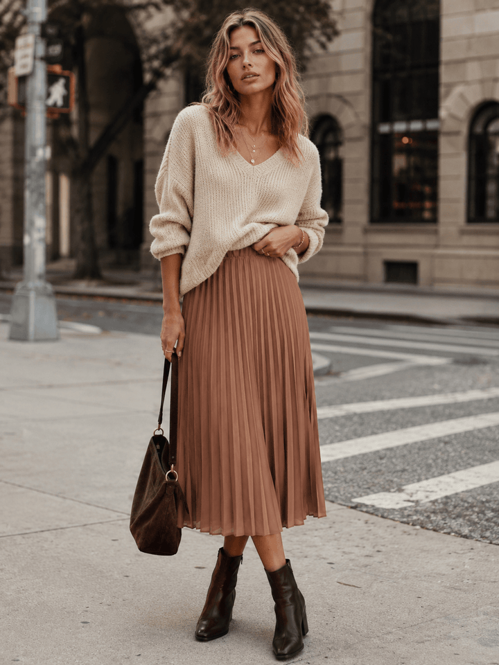 WOMEN'S ELASTIC WAIST PLEATED FIT & FLARE MIDI SKIRT