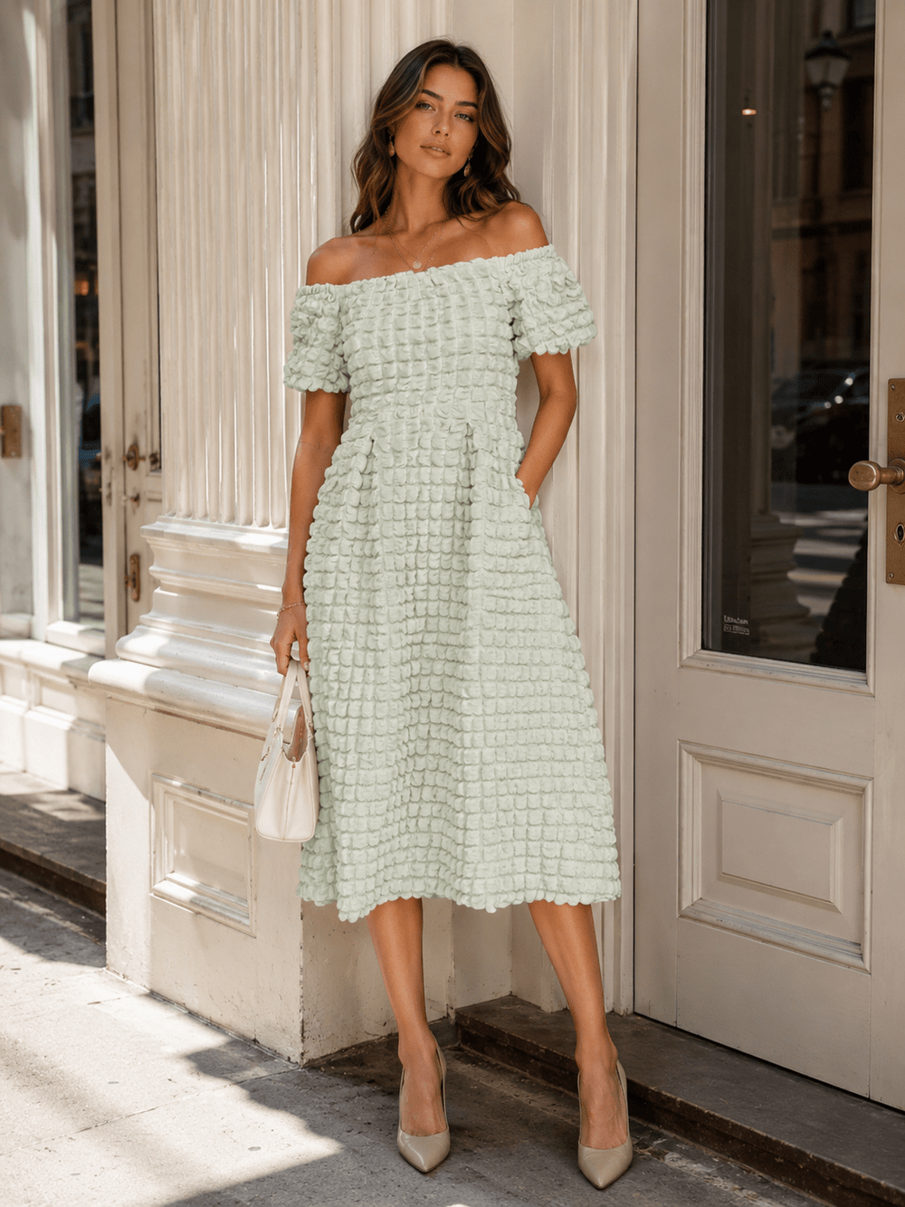 WOMEN'S SHORT SLEEVE OFF SHOULDER FRONT POCKETS DETAILED MIDI DRESS